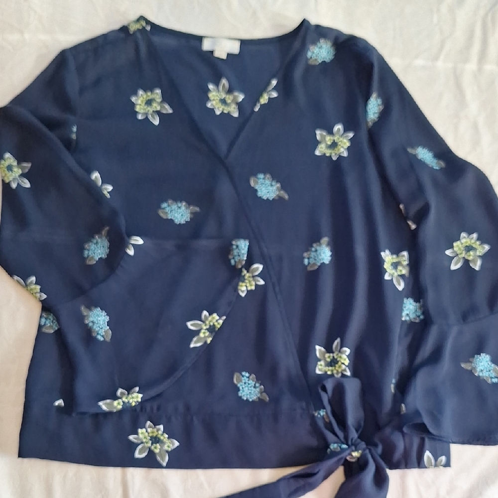 LOFT Dark Blue Floral Tie Blouse